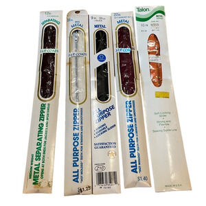 Vintage J & P Coats / Talon Zipper Lot of 5, All Purpose & Metal, Various Colors